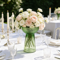 Vase en verre sur piétement, bol givré vert et jaune, vase à fleurs pour la décoration de la maison, de mariage ou de table, vase à fleurs moderne en verre