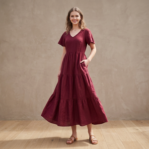 Elegante Vestido Midi de Lino Orgánico con Cuello en V, Corte Holgado, Estilo Vintage, con Lazo y Bolsillos, Talla Grande - Product Image 3