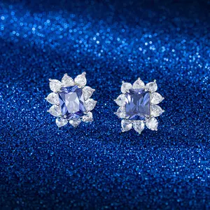 RINNTIN LZE06 2024 Luxus-Schmuck quadratisch blau weiß Kristall-Ohrringe vollständig CZ Smaragd-Saphir-Stängel-Ohrringe Damen