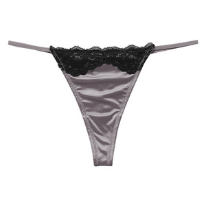 Vente en gros de strings en satin pour femmes, noirs, avec bordure en dentelle florale, fines bretelles, taille basse, sous-vêtements de sport et yoga, culottes sexy pour femmes - Product Image 1