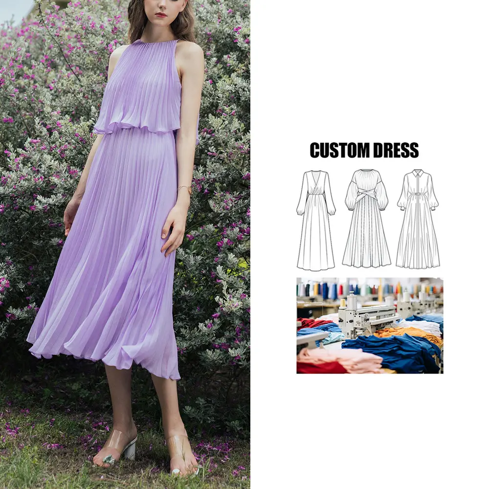 Custom Großhandel Sommer Damen ärmel los Plissee Chiffon Frauen lässig Midi Elegant Kleid