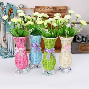 Maceta de flores secas de ratán de simulación de plástico con lazo colorido simple creativo barato de alta calidad - Product Image 1