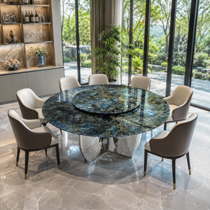 Customized Dining <b>Table</b> Round <b>Top</b> Modern Villa 8 Seater Metal Legs <b>Stone</b> Furniture Luxury Blue Labradorite Granite - Product Image 1
