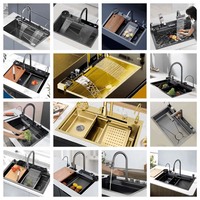Grand évier de cuisine à réservoir unique en acier nano-inoxydable noir avec porte-couteau et drainage à un bouton avec bouton de console