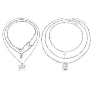 Layered Necklace Set Butterfly <b>Cross</b> Pendant Zinc Alloy Multi <b>Chain</b> Fashion Street Style Clavicle <b>Chain</b> Geometric Design - Product Image 1
