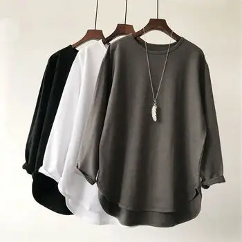 Wholesale Oversized drop shoulder sleeve women tshirt cotton curved hem long sleeve T Shirt Women's Plain Blank Tshirt