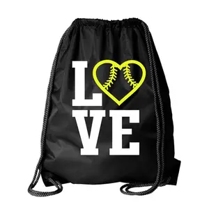 Polyester Love Softball Gym Sack Backpack Football Soccer Basketball Drawstring Cinch Bag Recyclable Sports Drawstring Backpack