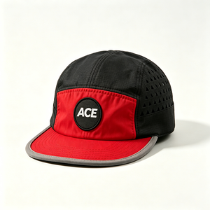5 Panel Camp Cap Custom Woven Patch Logo Black Red Laser Cut Canvas Outdoor Sport Travel Adults Unisex Lightweight Quick Dry - Product Image 5