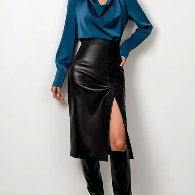 Custom Elegant Soft Faux Leather Streetwear Plain High Waist PU Pencil Style Midi Skirt For Women