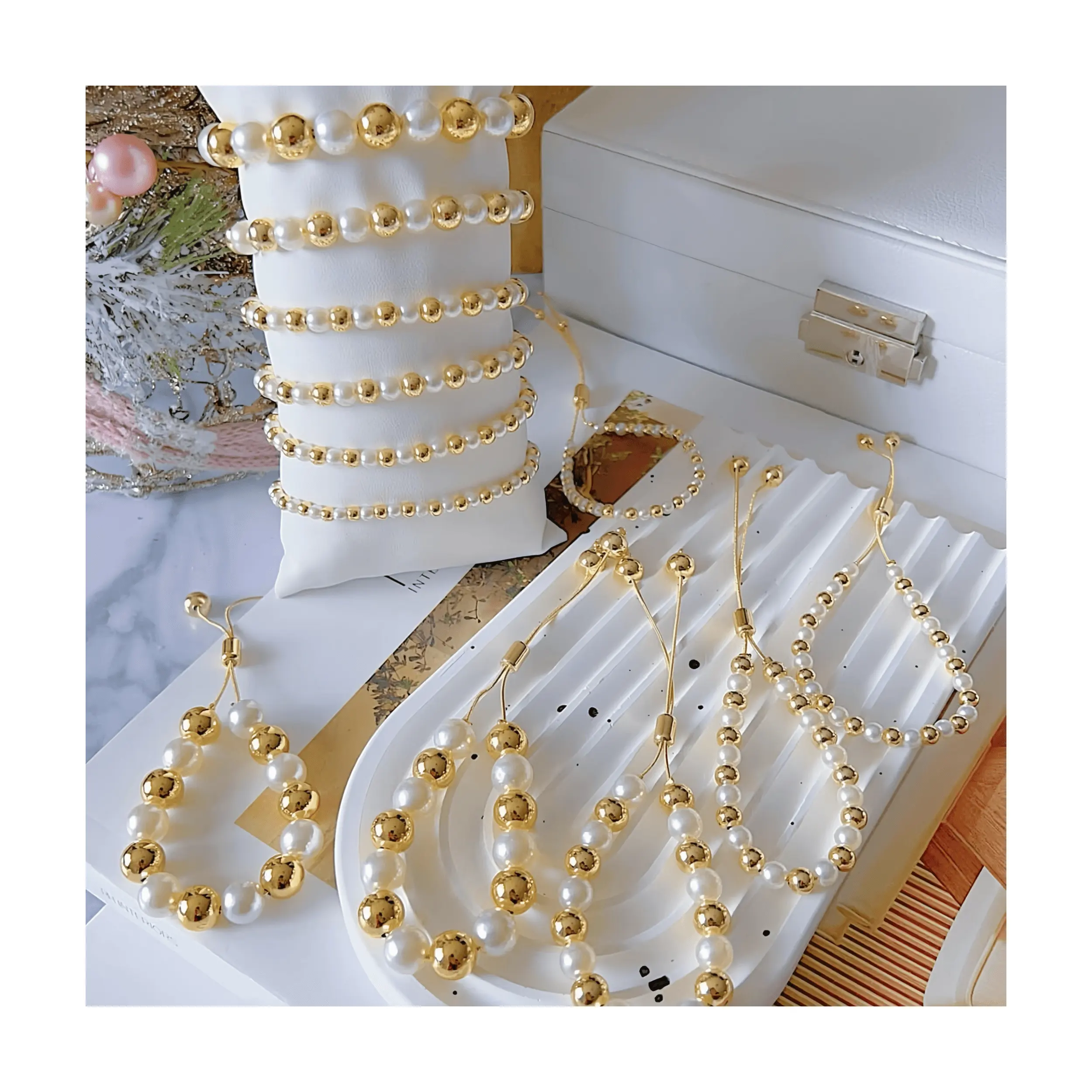 Mode hand gefertigte 6-10mm Kupfer Perlen Charms für Armband mit 18 Karat vergoldeten verstellbaren Paar Armband für Frauen Luxus