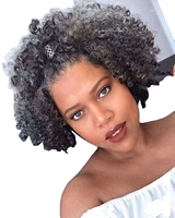 Perruque courte bouclée crépue en cheveux humains brésiliens, noir naturel mélangé gris sel et poivre, avec dentelle transparente