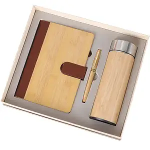 Atacado corporativo bambu notebook dom conjuntos com garrafa térmica logotipo personalizado bambu Copa e caneta caixa de presente promocional