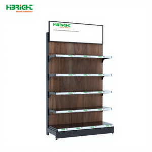 Scaffali Economici in Legno e Metallo per Supermercati e Negozi al Dettaglio con Pannelli Luminosi Pubblicitari, 4 Ripiani Autoportanti - Product Image 1