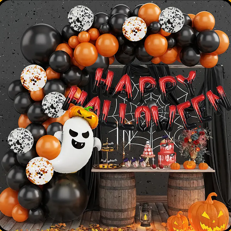 New Product Ideas 2023 Orange Black White Ghost Halloween Balloon Garland Arch Kit with 16 Inch Happy Halloween Foil Balloons