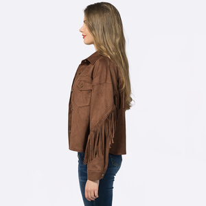 Fabricant de veste utilitaire pour femmes Custom Vintage Winter Suede Fringe Crop Varsity Ladies - Product Image 5