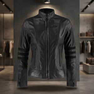 Veste en cuir de mouton pour femme avec traitement tricoté respirant à col montant - Product Image 4