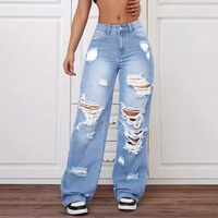 Jeans décontractés européens à bords effilochés, en denim délavé, taille haute, coupe droite, polyvalents et amples pour femmes