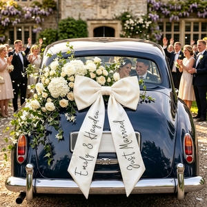 Fiocco Personalizzato per <span class=keywords><strong>Auto</strong></span> 'Just Married', Fiocco in Nastro di Raso per Decorazione <span class=keywords><strong>Auto</strong></span> Nuziale, Regalo Personalizzato per Addio al Nubilato e Luna di Miele - Product Image 4