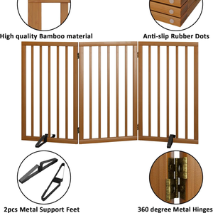 Wholesale 3 Panel Foldable Freestanding Dog <strong>Gate</strong>, 32 Inch Tall Brown <strong>Wooden</strong> Pet Fence for Indoor <strong>Stair</strong> Doorway - Product Image 6