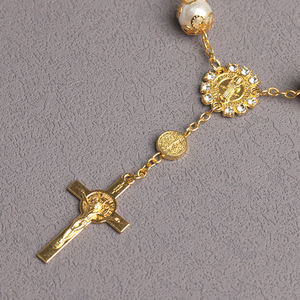 Braccialetto <span class=keywords><strong>Rosario</strong></span> con Perle di Vetro Dorate e Ciondolo a Croce, Gioielli Trendy per Matrimoni e Feste, Vendita all'Ingrosso - Product Image 4