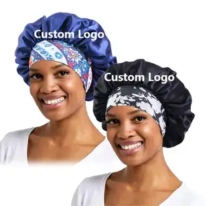 Custom ized Style Bonnet Großhandel Zweiteiler/Set Custom Logo Satin Mützen mit breitem Band Stretchy