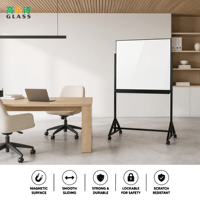 Tableau blanc magnétique grand format pour salle de conférence, en verre trempé de 4 mm, avec support en fer robuste, plateau à marqueurs pleine longueur et roulettes verrouillables