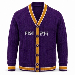 Cardigan tricoté pour femme Omiga Fraternity violet, rayures brodées dorées, manches longues, col en V, coupe classique, 100% coton - Product Image 1