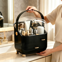 Organisateur de cosmétiques de voyage en PET grande capacité, trousse de maquillage étanche et anti-poussière avec poignée et tiroirs coulissants