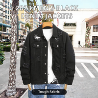 Blouson Bomber Homme Automne Hiver 2023 Col Montant Style Urbain en Denim Noir Crocheté Écologique Anti-Bactérien à Motif