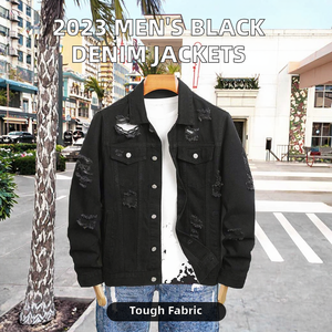 Autumn Winter 2023 Men's Stand Collar Bomber <b>Jacket</b> Crocheted <b>Black</b> <b>Denim</b> Front Zipper Closure Windproof <b>Hooded</b> Thick Shearing - Product Image 2