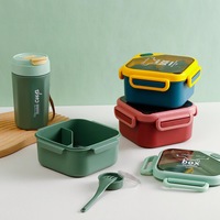 Boîte à lunch scellée en PP pour enfants, avec compartiment pour bouteille d'eau, fourchette-cuillère intégrée, boîte bento pour étudiants et employés de bureau