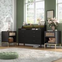 Ensemble de chambre à coucher moderne du milieu du siècle 3 pièces Durable P2 MDF rotin armoire tiroirs commode tables de chevet avec Station de charge