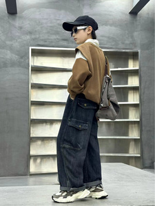 Vaqueros vaqueros de pierna ancha para niños con múltiples bolsillos: cintura elástica, ajuste holgado, tela no elástica, comodidad para todas las estaciones para uso informal - Product Image 3