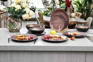 高級感のある竹調メラミン食器セット エレガントなブラウン 12点セット 使い捨て食器 食洗機対応 - Product Image 4