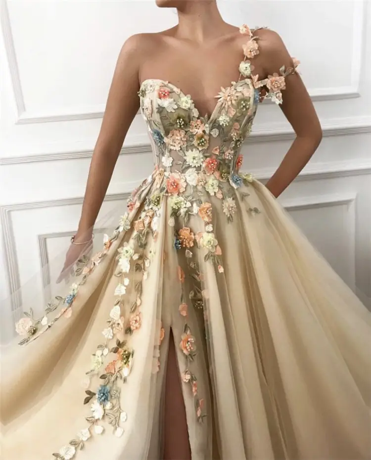Abiti da sera Champagne 2022 fiori Prom Dress abiti da sera lunghi monospalla da cerimonia formale da donna