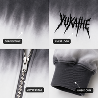 Özel Tasarım 460GSM Beyaz Gradyan Füme Boyalı Ağır Polar Fermuarlı Düşük Omuzlu Kanguru Cepli Sokak Modası Vintage Erkek Kapüşonlu Sweatshirt