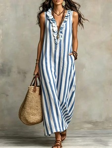 Vestido Largo Bohemio Nuevo de Primavera/Verano 2026 sin Mangas de Lino con Rayas Estampadas Estilo Europeo Americano para Sitios Independientes - Product Image 6
