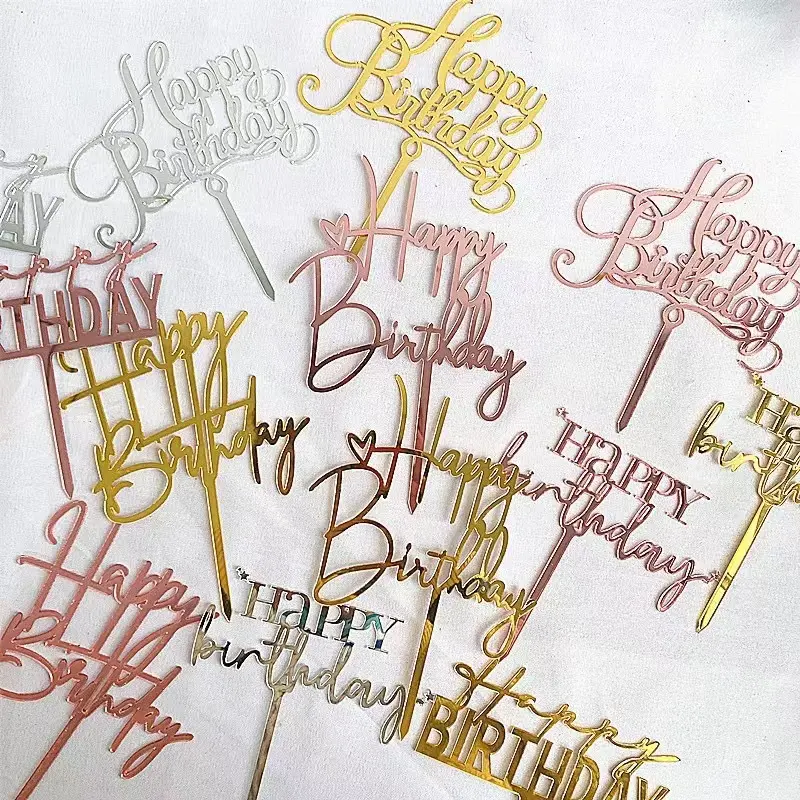 Happy Birthday Cake Toppers - Single-side Gold Glitter 4 Pack Happy Birthday Cake Decor Set, Birthday Party Decoration Supplies