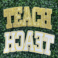 Patch thermocollant à sequins de 10 pouces, grand, doré, motif lettre 'Teach' style universitaire, pour vestes, sweat-shirts et vêtements, idéal pour la rentrée scolaire