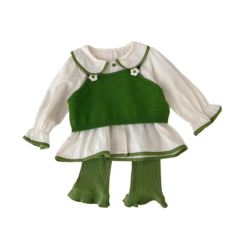 Kızların moda elbise seti bebek kız kore parçalanmış bluz gömlek + yelek pantolon basit katı sonbahar kıyafeti