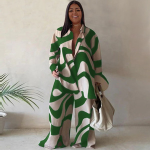 N7953 Set di moda europeo e americano per <span class=keywords><strong>taglie</strong></span> <span class=keywords><strong>forti</strong></span>: camicia stampata a maniche lunghe + pantaloni a gamba dritta da donna - Product Image 3