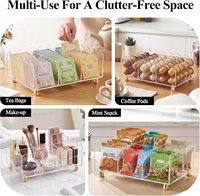 Organisateur de sachets de thé en acrylique transparent personnalisé, 6 compartiments, support de rangement pour thé avec pieds en métal doré pour comptoir de cuisine, armoire de garde-manger