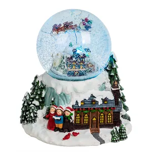 Personalized Custom Made Diy Resin Glass Flying Sleigh Musical Snow Globe With Light Christmas Ornament Navidad