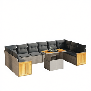 Ensemble de canapés de jardin gris foncé en rotin, mobilier d'extérieur 6 places, design contemporain avec panneaux en bois - Product Image 1