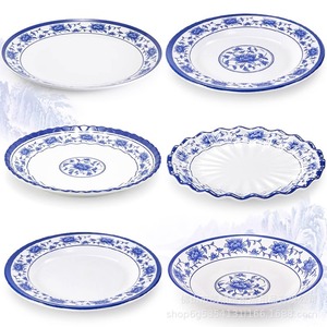 Blue and white porcelain <b>melamine</b> <b>plate</b>, flat <b>plate</b>, commercial imitation porcelain tableware, plastic dish, round bone dish, - Product Image 1