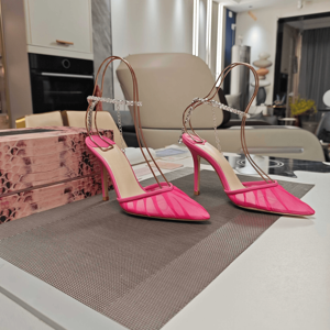 Jimmy - Tacones de aguja de malla transparente con cadena de diamantes de imitación y correa al tobillo para mujer, de punta, modernos, para fiesta, club, noche, o eventos. - Product Image 1