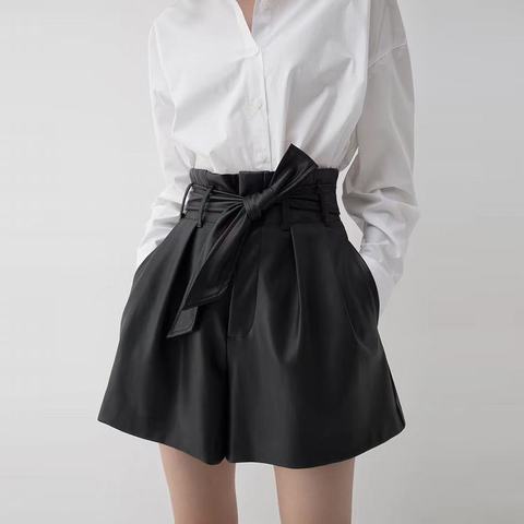 0018 Summer Women's High Waist Genuine Sheepskin Shorts Women High Waist Flower Bud Pants