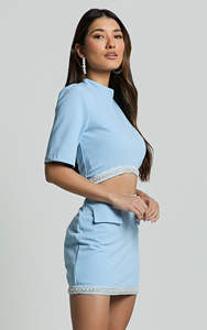 Su misura O collo a maniche corte con perline e perline Mini gonna corta <span class=keywords><strong>abbigliamento</strong></span> fabbrica Set da <span class=keywords><strong>donna</strong></span> 2 pezzi - Product Image 4