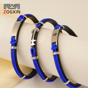 Zogxin Anchor Titanium Steel Leather Braided Bracelet Unisex Fashion Jewelry Blue Black Colorfast Design - Product Image 1