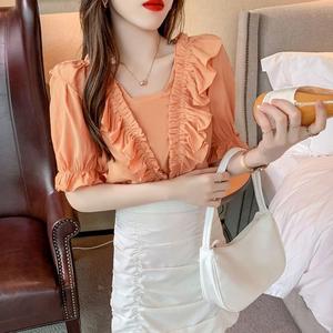 Ropa de mujer, moda de verano, volantes informales, Color sólido, cuello en V, Mujer, Oficina, señora, simplicidad, apariencia elegante, Manga corta fina para - Product Image 4